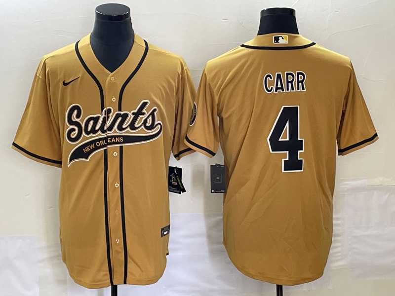 Mens New Orleans Saints #4 Derek Carr Gold With Patch Cool Base Stitched Baseball Jersey